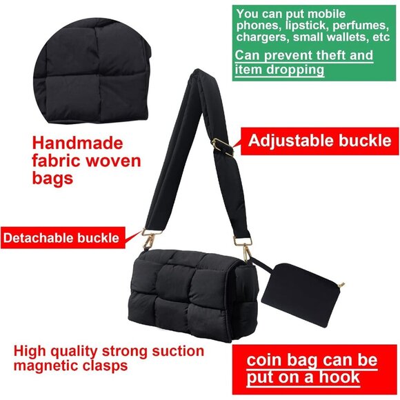 Puffer Crossbody Bag Women Cotton Nylon Adjustable Strap Quilted Purse - Picture 3 of 6